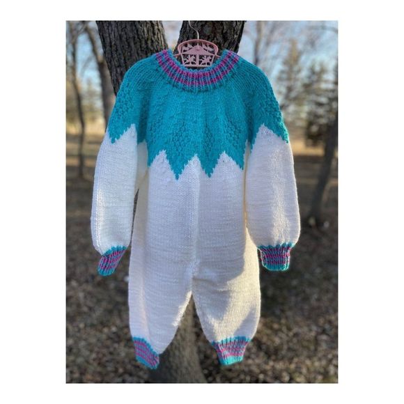 Vintage 80s Hand Knit Romper Sleeper White Purple Turquoise - Picture 2 of 9